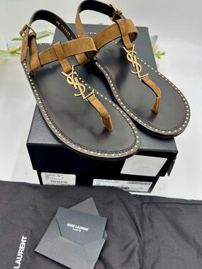 Men’s Saint Laurent Cassandra Studded Suede Thong Sandals Size 44/11 US